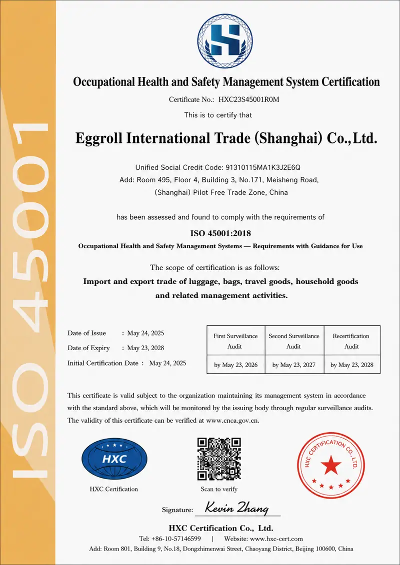 ISO 45001:2018 certificate issued to Eggroll International Trade (Shanghai) Co., Ltd.