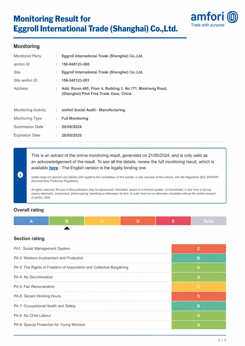 amfori BSCI certificate issued to Eggroll International Trade (Shanghai) Co., Ltd.