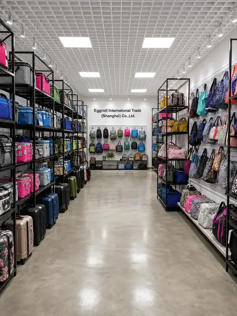 Backpack and school bag samples on the showroom wall