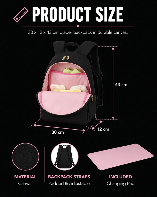 Baby Diaper Bag Backpack — 30 x 12 x 43 cm — construction detail view 1