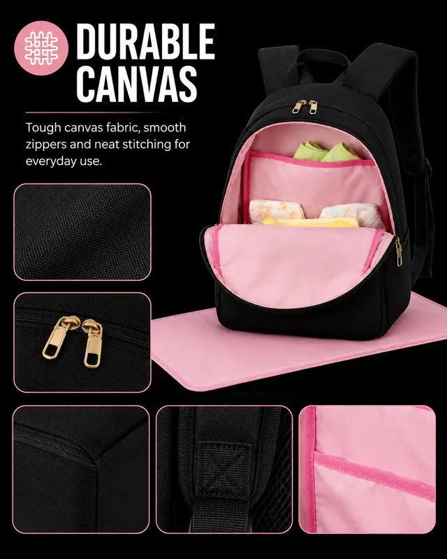 Baby Diaper Bag Backpack — 30 x 12 x 43 cm — construction detail view 2