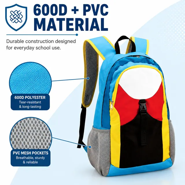 Colorful Kids School Backpack — 31 x 19 x 46 cm — construction detail view 1