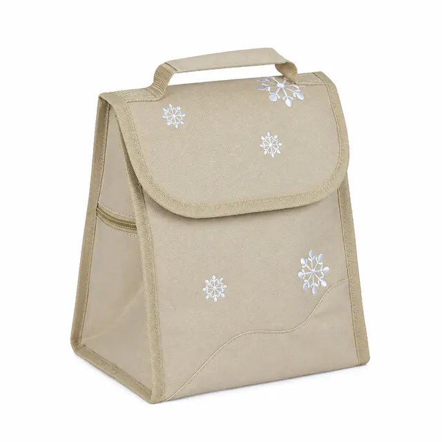 Beige Insulated Lunch Bag with Snowflake Embroidery 600D Polyester 22×17×25cm