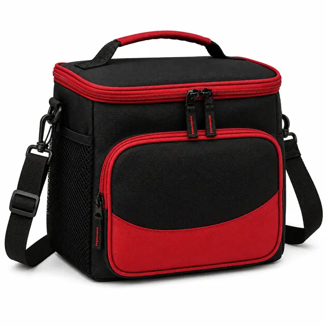 Black and Red Insulated Lunch Bag with Adjustable Shoulder Strap (420D Jacquard, 26×17.5×32 cm)