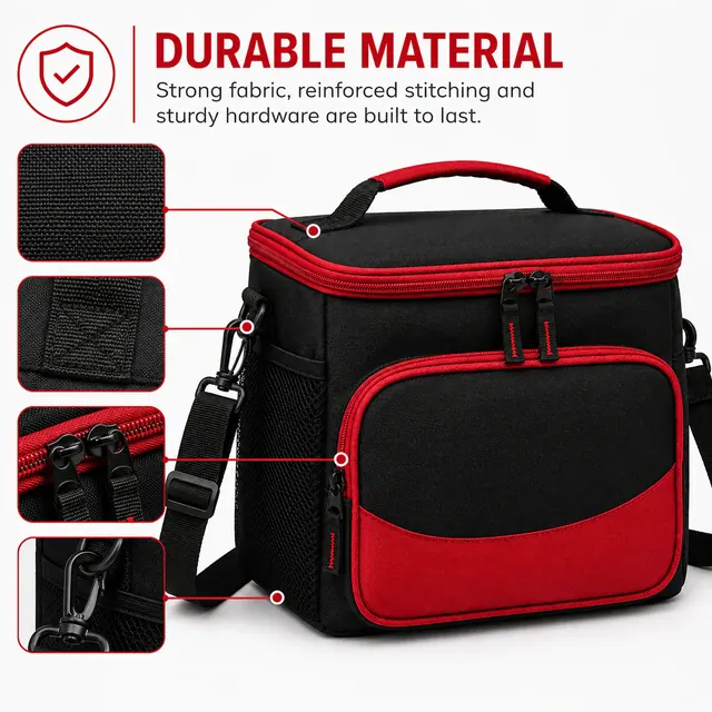 Black and Red Insulated Lunch Bag with Adjustable Shoulder Strap (420D Jacquard, 26×17.5×32 cm) — construction detail view 2