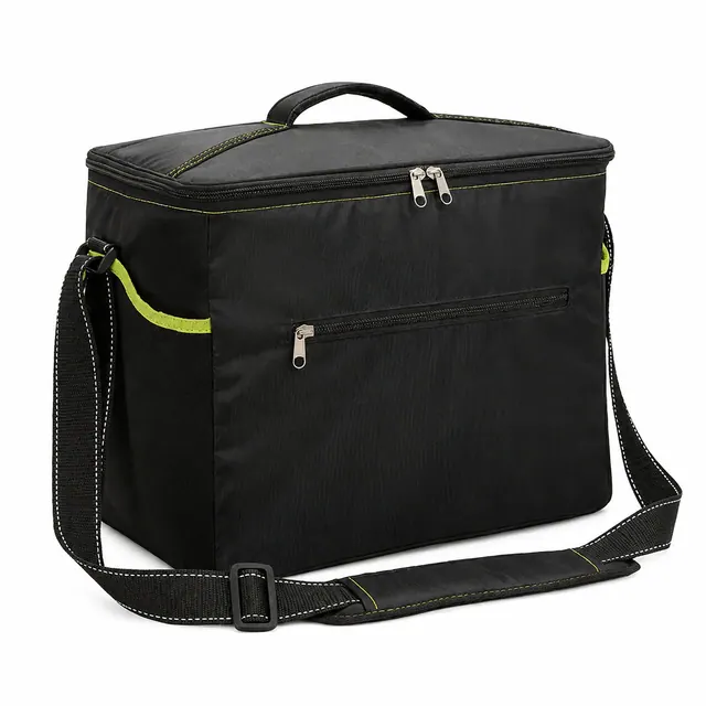 Black Insulated Lunch Bag with Adjustable Shoulder Strap (300D/PU, 35.5×24.5×29 cm)