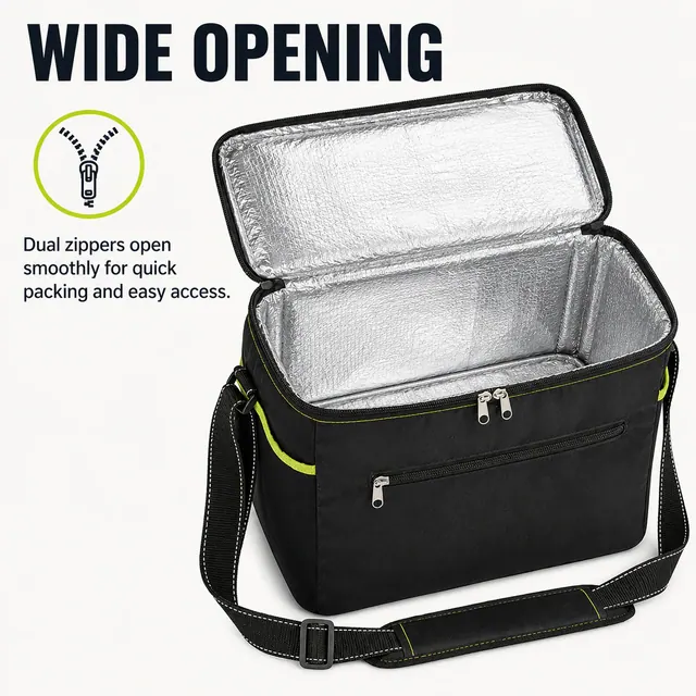 Black Insulated Lunch Bag with Adjustable Shoulder Strap (300D/PU, 35.5×24.5×29 cm) — construction detail view 1
