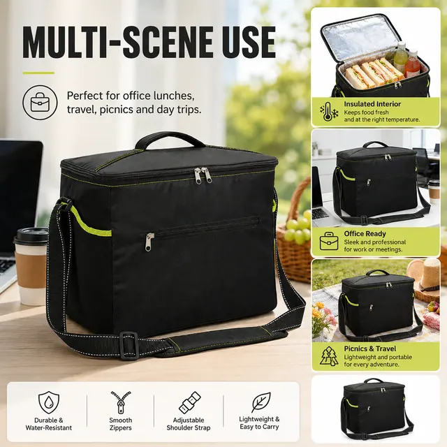 Black Insulated Lunch Bag with Adjustable Shoulder Strap (300D/PU, 35.5×24.5×29 cm) — construction detail view 3