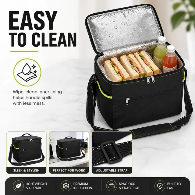 Black Insulated Lunch Bag with Adjustable Shoulder Strap (300D/PU, 35.5×24.5×29 cm) — construction detail view 4