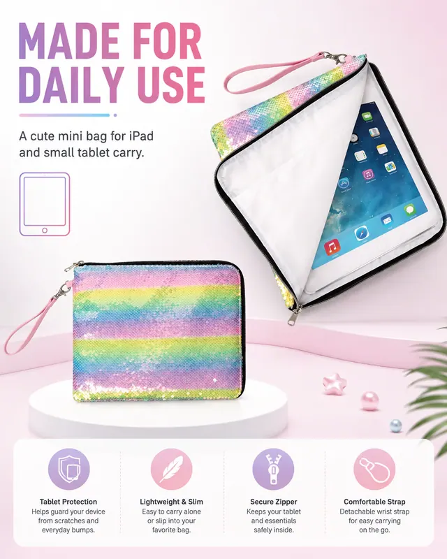 Color Mini Computer / iPad Bag for Business Trips — 600D + Sequin, 28×22.5 cm — construction detail view 4