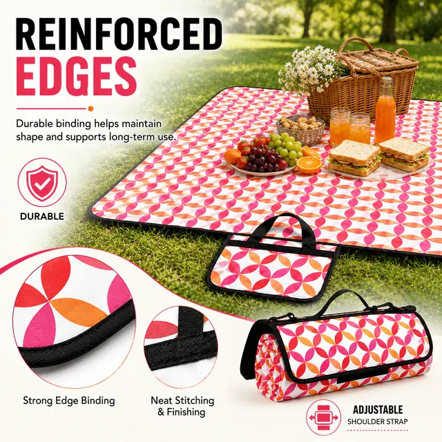 Colorful Geometric Picnic Blanket with Handle and Adjustable Strap (200G Fleece, 150*135cm) — construction detail view 2