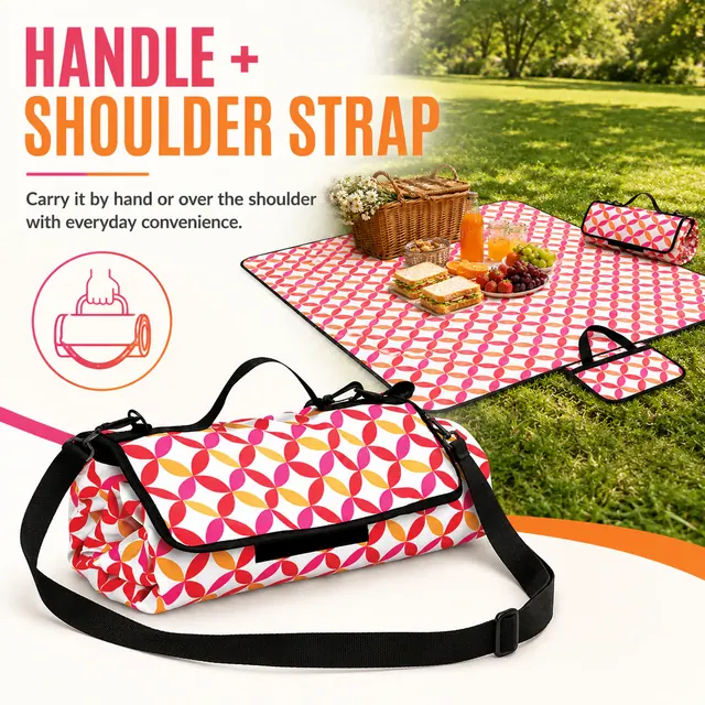 Colorful Geometric Picnic Blanket with Handle and Adjustable Strap (200G Fleece, 150*135cm) — construction detail view 3