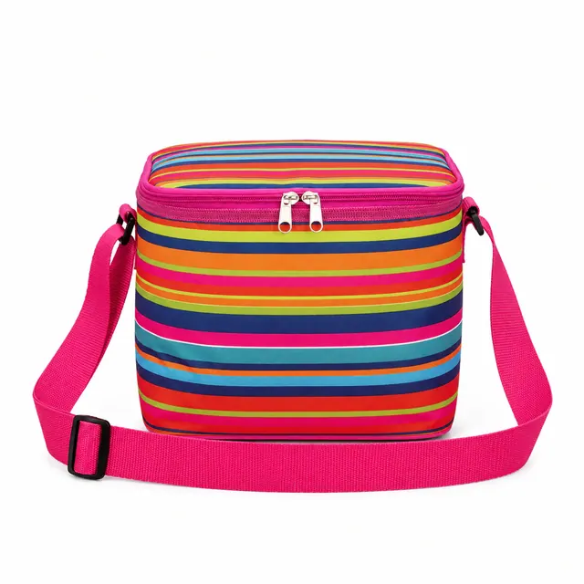 Colorful Striped Insulated Lunch Bag with Adjustable Shoulder Strap (600D PVC, 35.5×26×33 cm)
