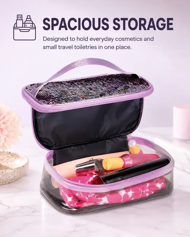 Transparent Sequin Travel Cosmetic Bag — 22.5 x 14.5 x 6.5 cm — construction detail view 2