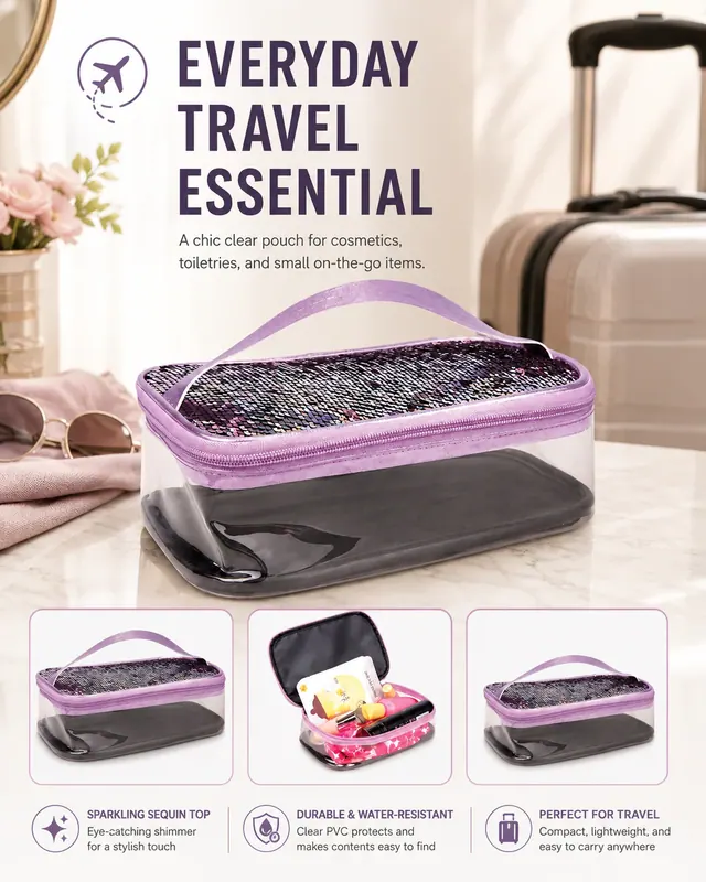 Transparent Sequin Travel Cosmetic Bag — 22.5 x 14.5 x 6.5 cm — construction detail view 4