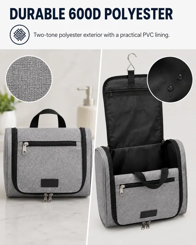 Hanging Travel Toiletry Bag with Hook — 24.5 x 8 x 17 cm — construction detail view 2