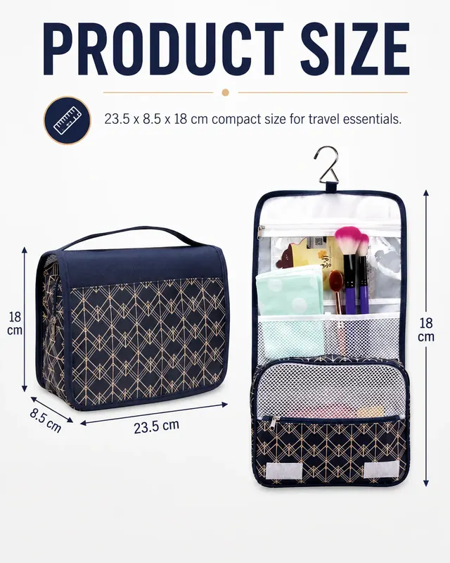 Customized Travel Cosmetic Storage Bag — 23.5 x 8.5 x 18 cm — construction detail view 1