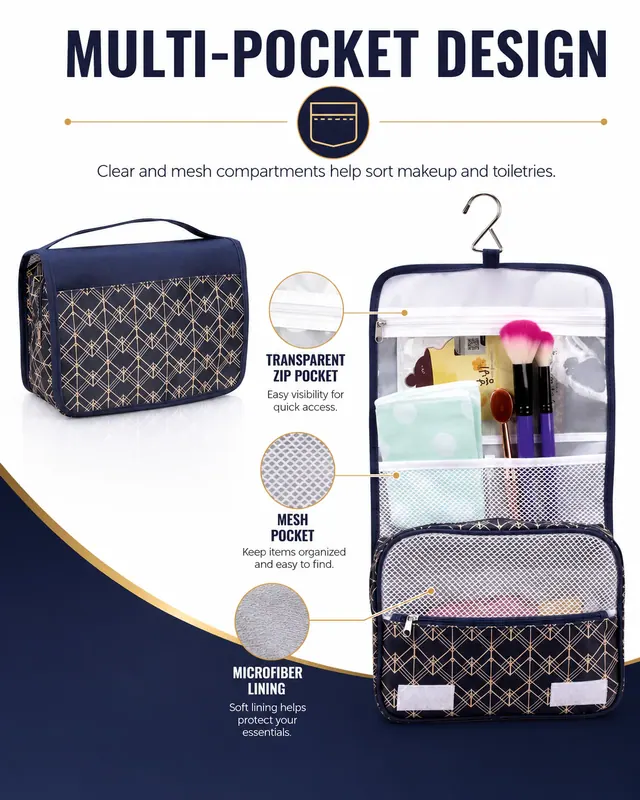 Customized Travel Cosmetic Storage Bag — 23.5 x 8.5 x 18 cm — construction detail view 3