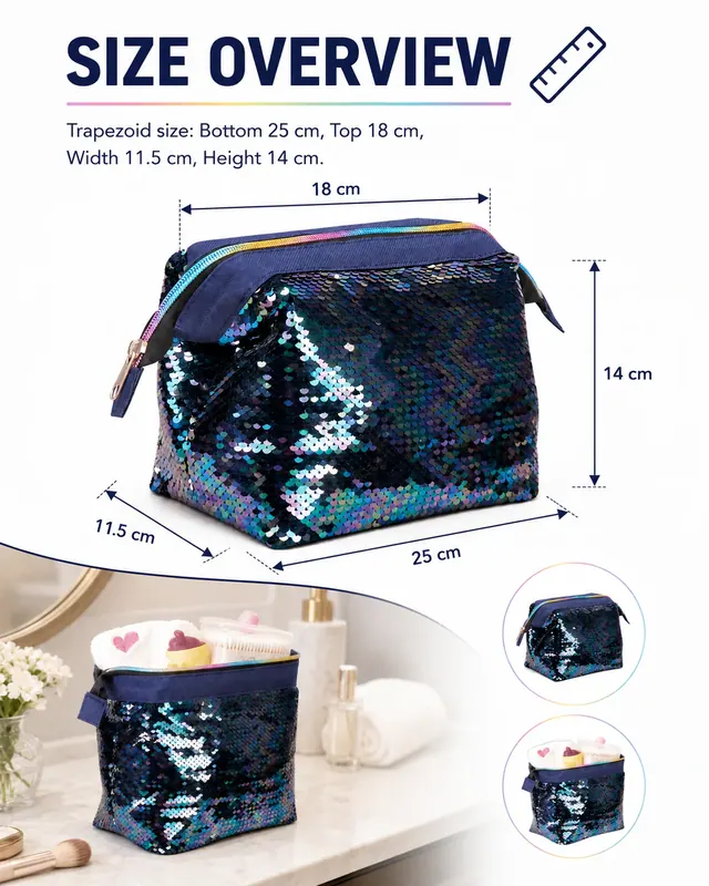Iridescent Sequin Travel Cosmetic Bag — (25+18) x 11.5 x 14 cm — construction detail view 1
