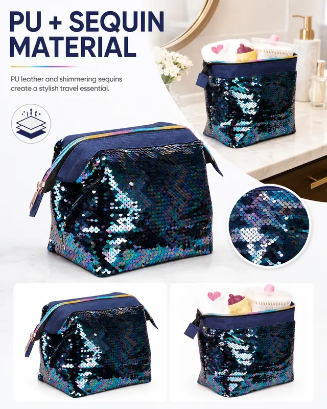 Iridescent Sequin Travel Cosmetic Bag — (25+18) x 11.5 x 14 cm — construction detail view 2