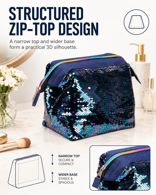 Iridescent Sequin Travel Cosmetic Bag — (25+18) x 11.5 x 14 cm — construction detail view 3