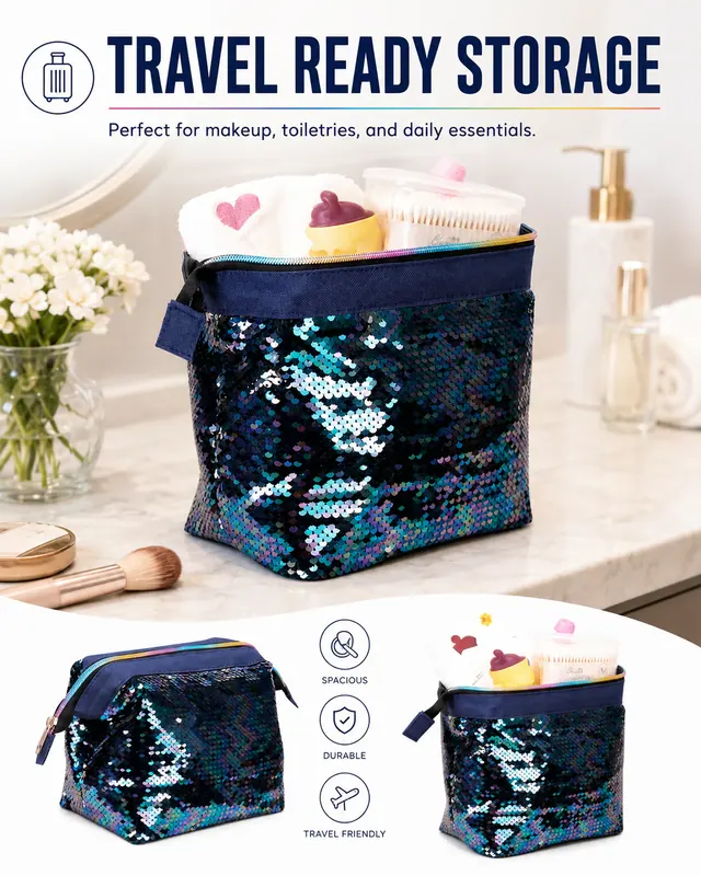 Iridescent Sequin Travel Cosmetic Bag — (25+18) x 11.5 x 14 cm — construction detail view 4