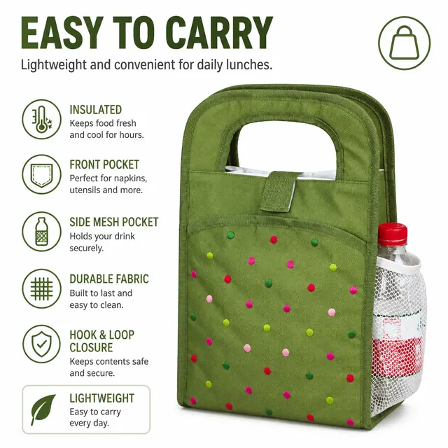 Custom Insulated Lunch Bag Wholesale (600D Polyester, 22.5×13×34 cm) — construction detail view 2