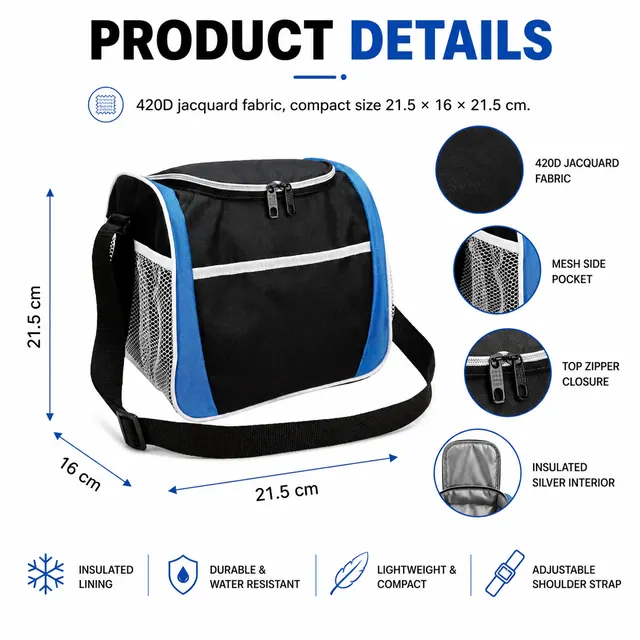 Custom Logo Lunch Bag for Work, Picnic & School (420D Jacquard, 21.5×16×21.5cm) — construction detail view 1
