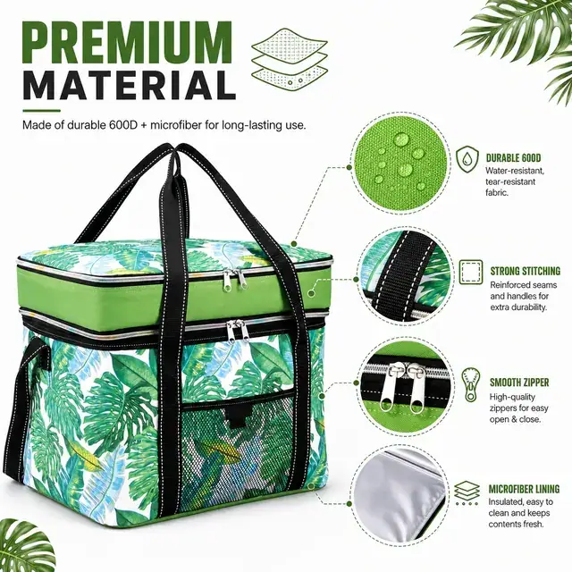 Custom Logo Tote Bag Lunch Cooler Bag (600D + Microfiber, 38×26×31cm, Double Layer) — construction detail 1