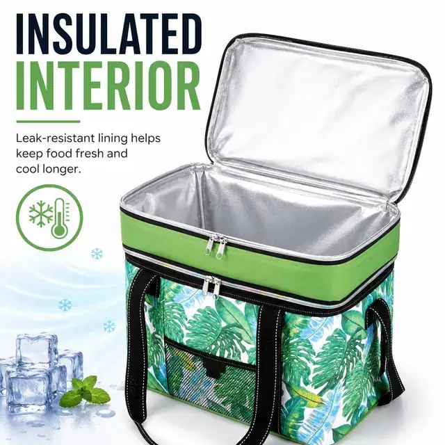 Custom Logo Tote Bag Lunch Cooler Bag (600D + Microfiber, 38×26×31cm, Double Layer) — construction detail 2