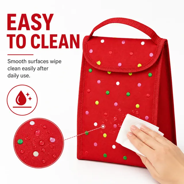 Custom Polka Dot Insulated Lunch Bag (600D Polyester, 16×12.5×30cm, Flap Closure) — construction detail view 3
