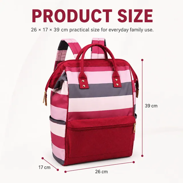Wide-Open Baby Diaper Backpack — 26 x 17 x 39 cm — construction detail view 1