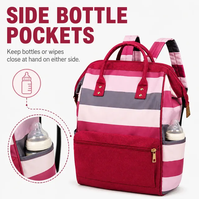 Wide-Open Baby Diaper Backpack — 26 x 17 x 39 cm — construction detail view 4