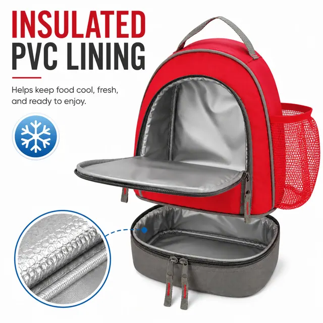 Double Layer Lunch Bag (600D/PVC, 27.5×16.5×20cm) — construction detail view 1