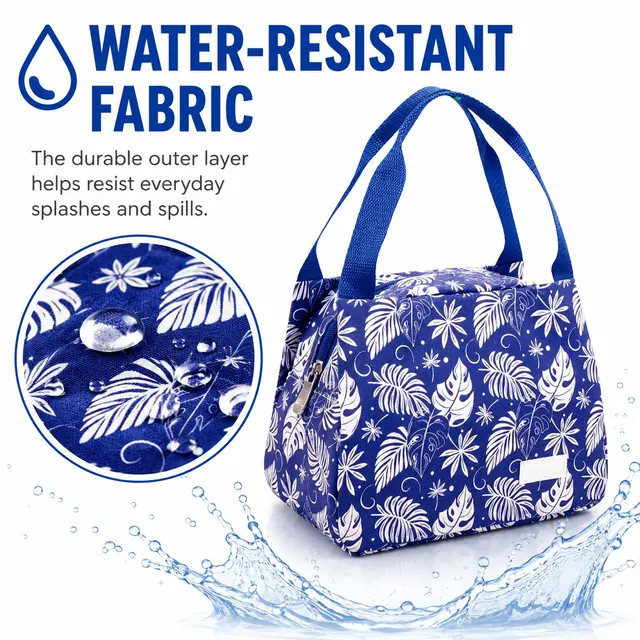 Floral Insulated Lunch Bag with Zipper and Carry Handles (Canvas, 23.5×13×17.5cm) — construction detail view 1