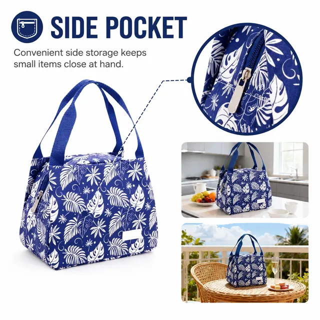 Floral Insulated Lunch Bag with Zipper and Carry Handles (Canvas, 23.5×13×17.5cm) — construction detail view 2