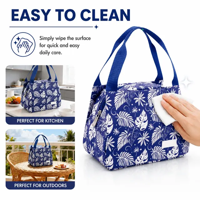 Floral Insulated Lunch Bag with Zipper and Carry Handles (Canvas, 23.5×13×17.5cm) — construction detail view 3