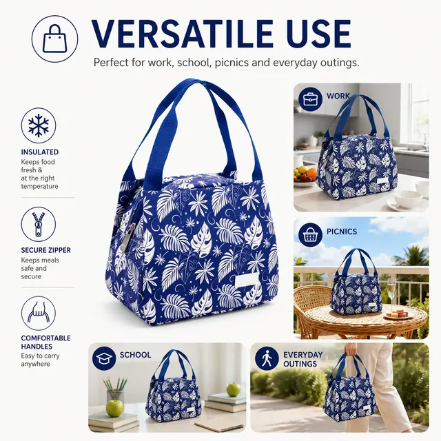 Floral Insulated Lunch Bag with Zipper and Carry Handles (Canvas, 23.5×13×17.5cm) — construction detail view 4