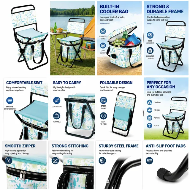 Folding Outdoor Chair with Built-in Cooler Bag Ocean Print 36×35×64cm