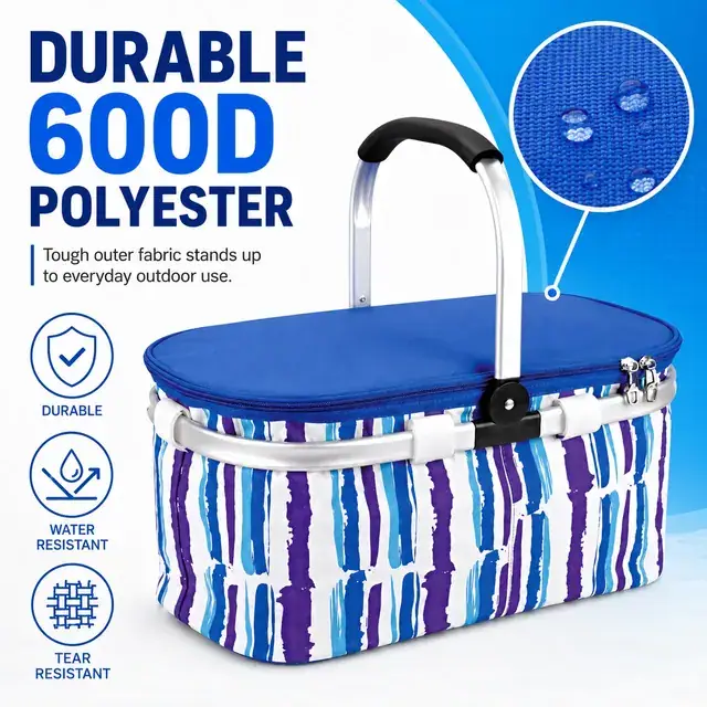 Folding Portable Picnic Basket for Outdoor Party (600D Polyester + PEVA, 42*22*22cm) — construction detail 2
