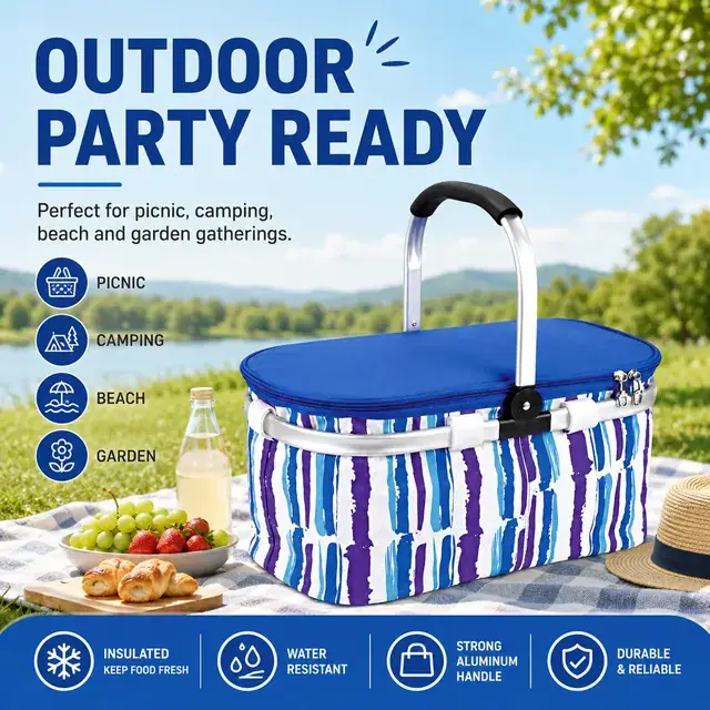 Folding Portable Picnic Basket for Outdoor Party (600D Polyester + PEVA, 42*22*22cm) — construction detail 3