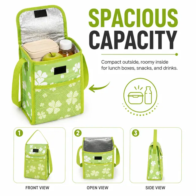 Green Floral Insulated Lunch Bag with Flap Closure and Mesh Pocket (Microfiber, 18×9.5×25cm) — construction detail view 1