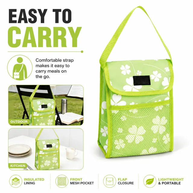 Green Floral Insulated Lunch Bag with Flap Closure and Mesh Pocket (Microfiber, 18×9.5×25cm) — construction detail view 2