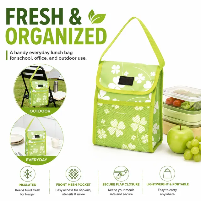Green Floral Insulated Lunch Bag with Flap Closure and Mesh Pocket (Microfiber, 18×9.5×25cm) — construction detail view 3