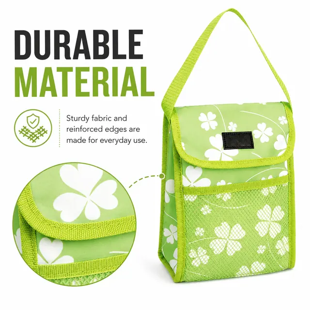 Green Floral Insulated Lunch Bag with Flap Closure and Mesh Pocket (Microfiber, 18×9.5×25cm) — construction detail view 4