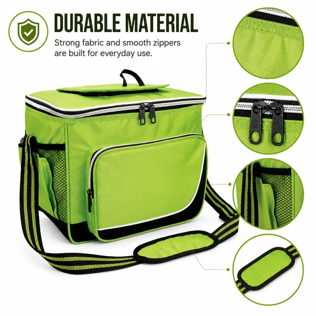Green Insulated Lunch Bag with Adjustable Shoulder Strap (420D Jacquard, 30×20×24cm) — construction detail view 2