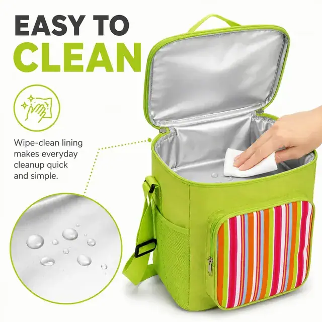 Green Insulated Lunch Bag with Colorful Striped Front Pocket (600D PVC, 25×17.5×27cm) — construction detail 1