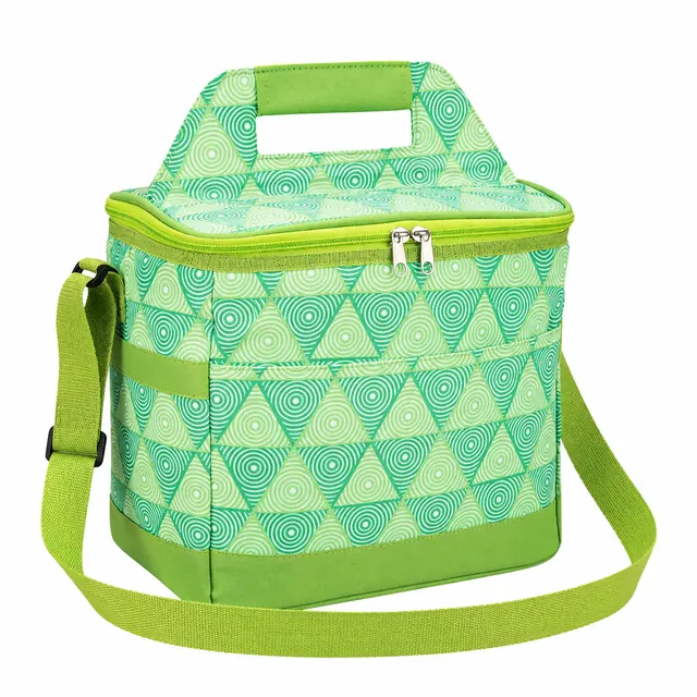 Green Insulated Lunch Bag with Spiral Pattern and Shoulder Strap (600D PVC, 27x19x25 cm)