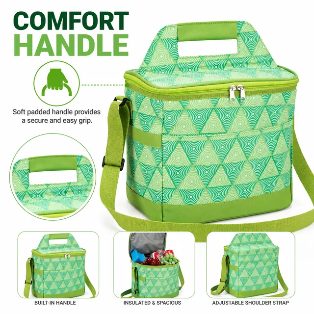 Green Insulated Lunch Bag with Spiral Pattern and Shoulder Strap (600D PVC, 27x19x25 cm) — construction detail view 2