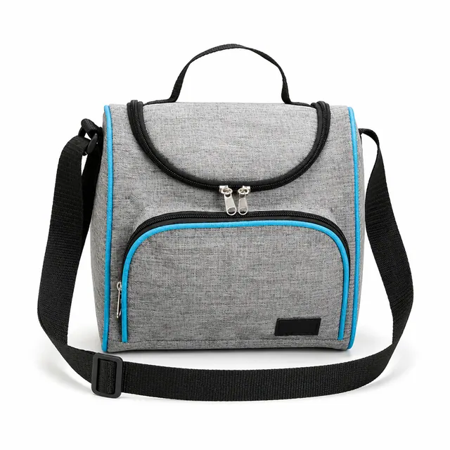 Grey Insulated Lunch Bag with Blue Trim and Adjustable Strap (600D Two-Tone Polyester/PVC, 23x13x23 cm)